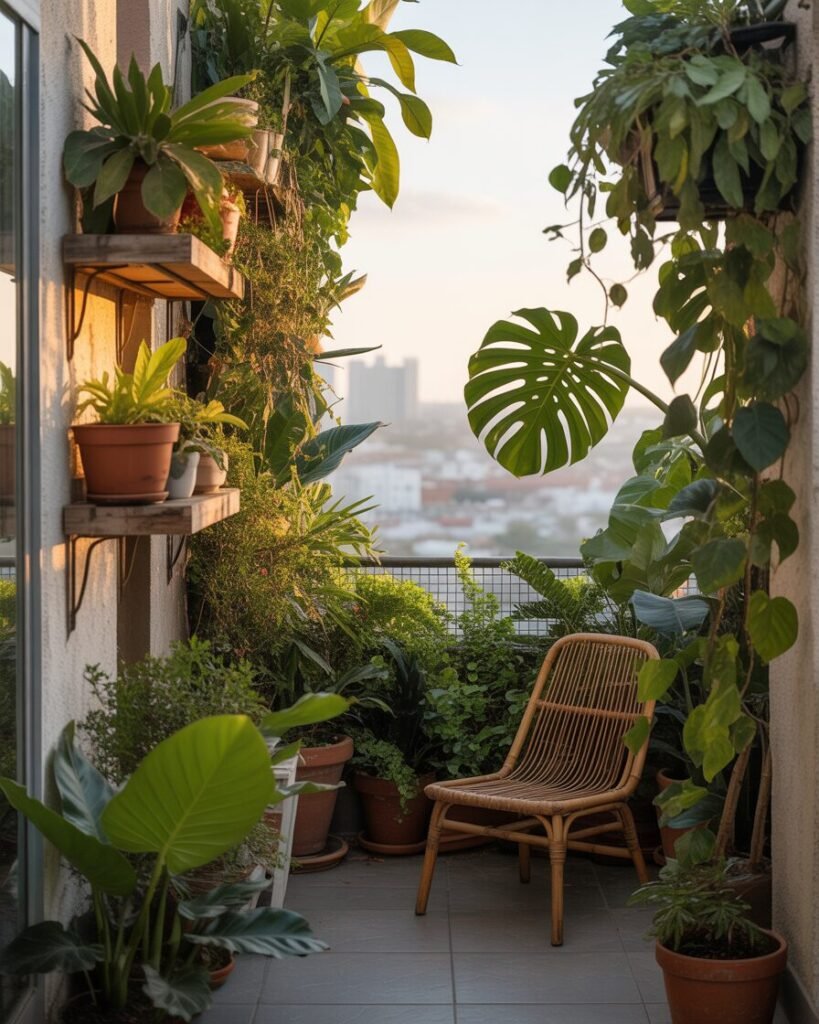 Balcony outdoor oasis with plants.