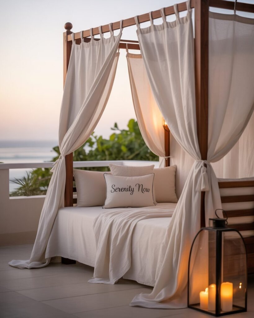 Romantic balcony canopy outdoor oasis.
