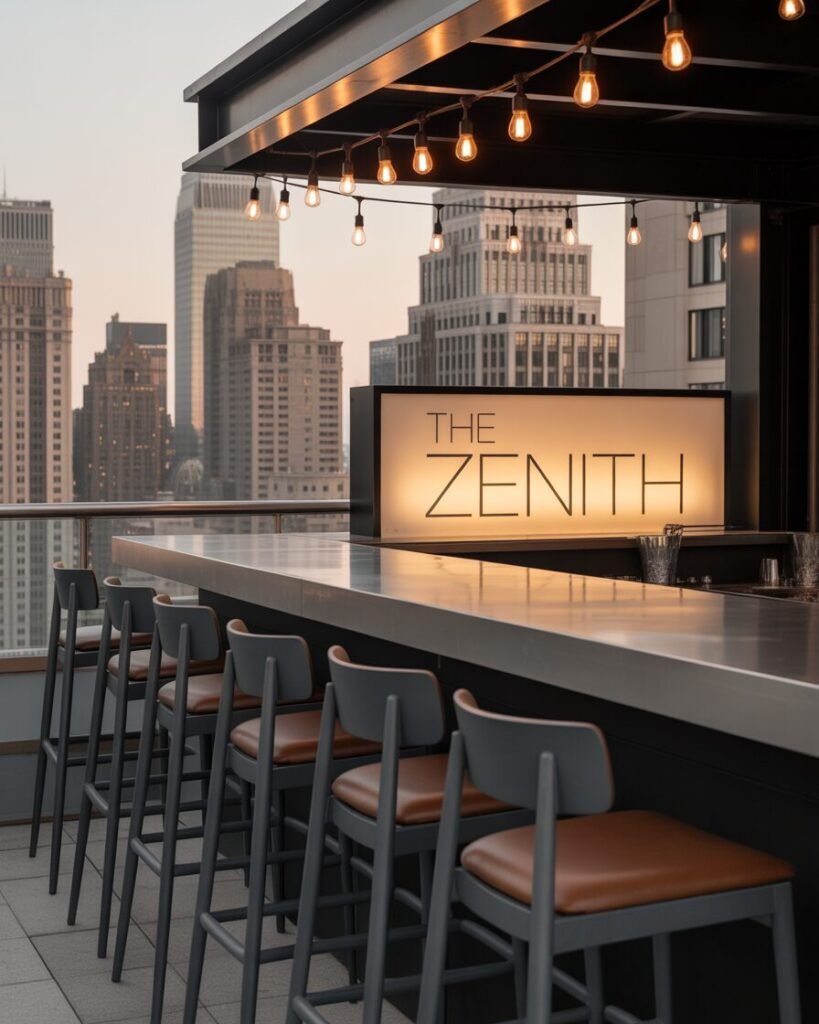 Balcony outdoor oasis with bar setup.