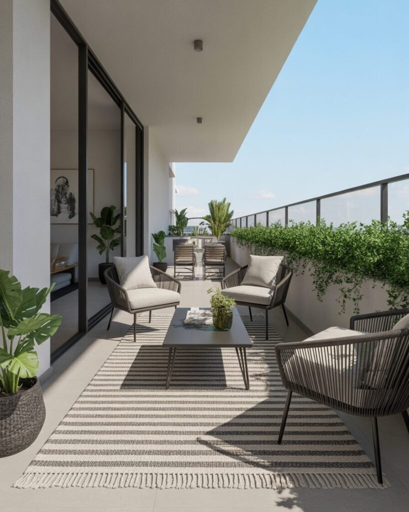 Black white balcony outdoor oasis.