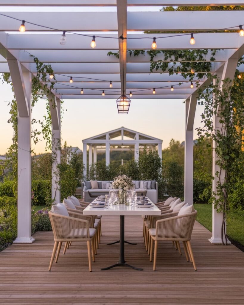 Outdoor dining setup under pergola