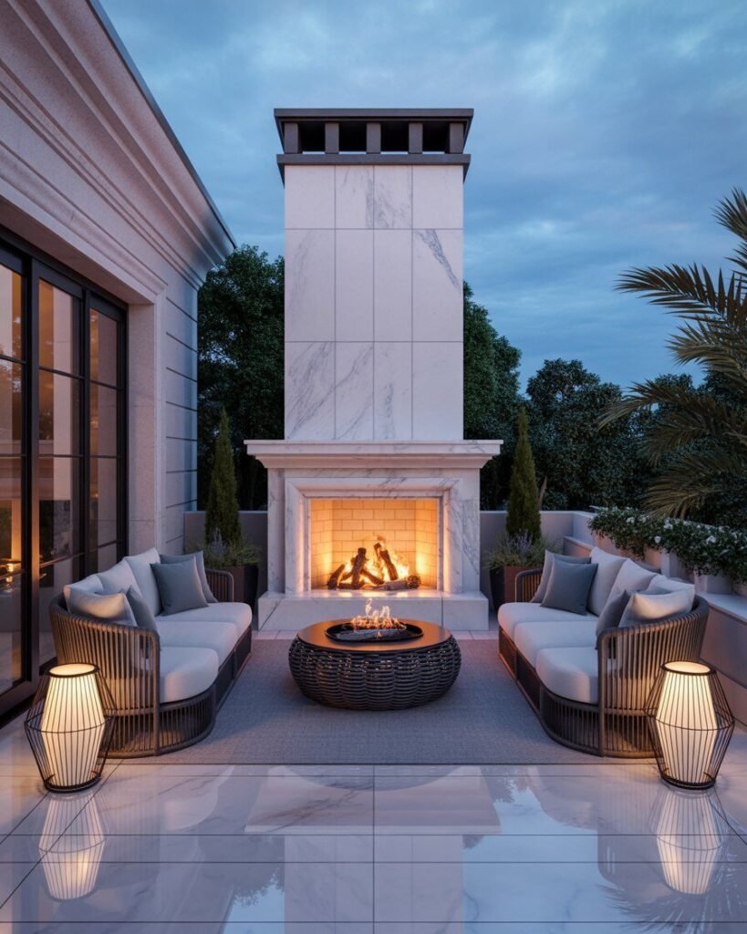 Luxury balcony outdoor oasis fireplace.