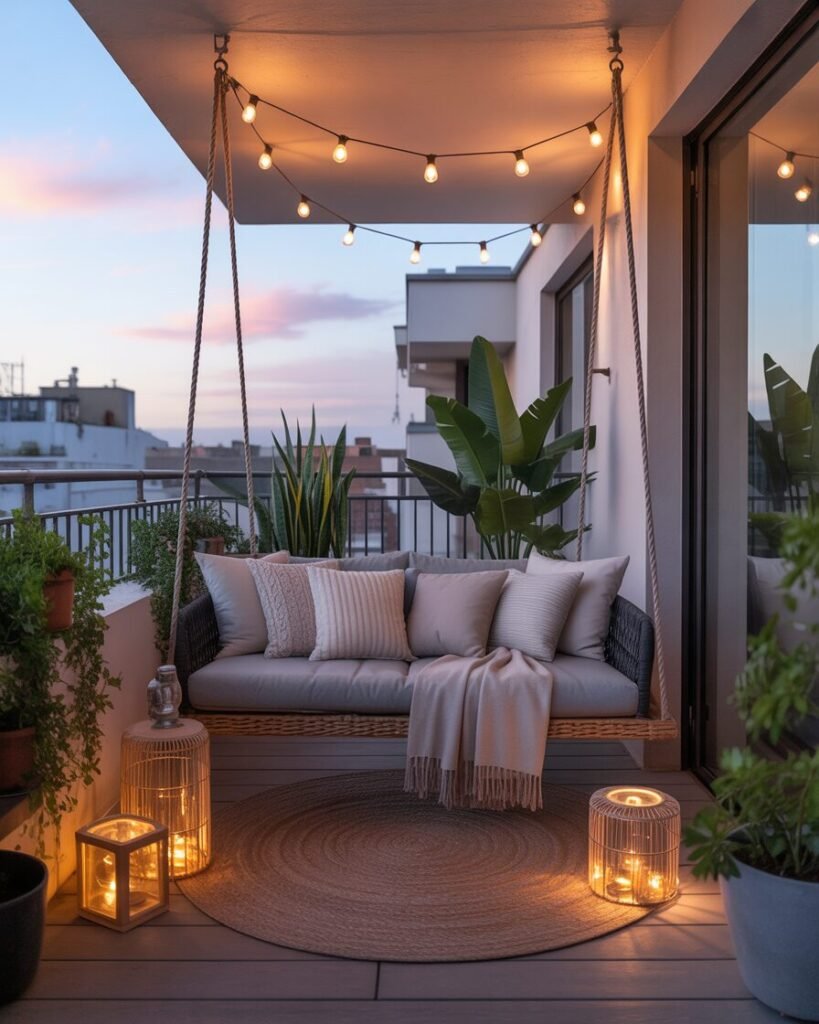 Balcony outdoor oasis with swing sofa.