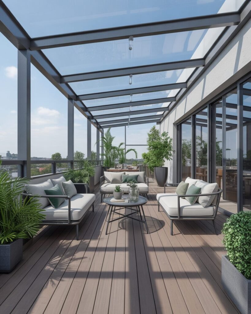Balcony outdoor oasis with glass canopy.
