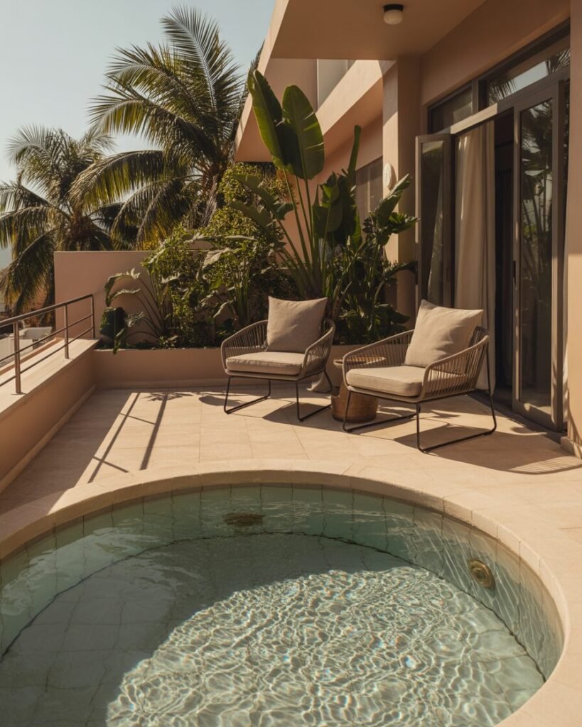 Balcony outdoor oasis with pool tub.
