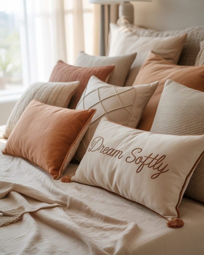 Decorative cushions layered bed design.