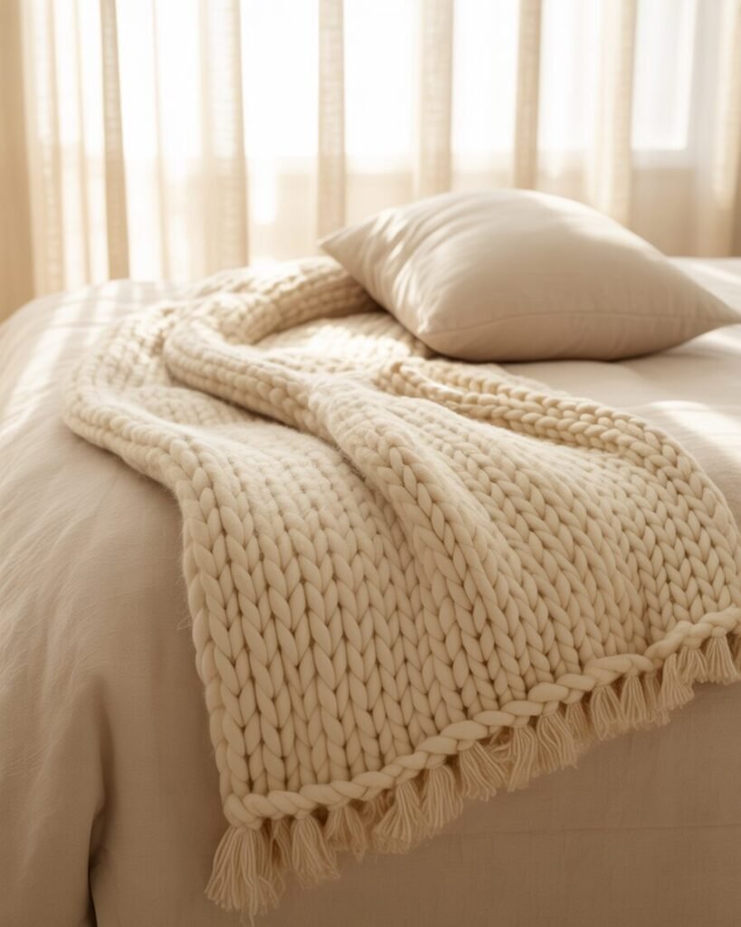 Textured throw layered designer bed.