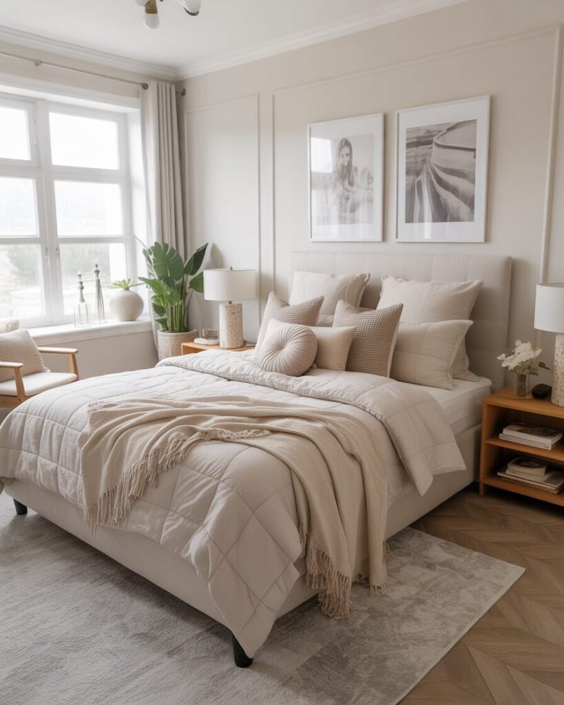 Wide-angle final designer bedroom look.