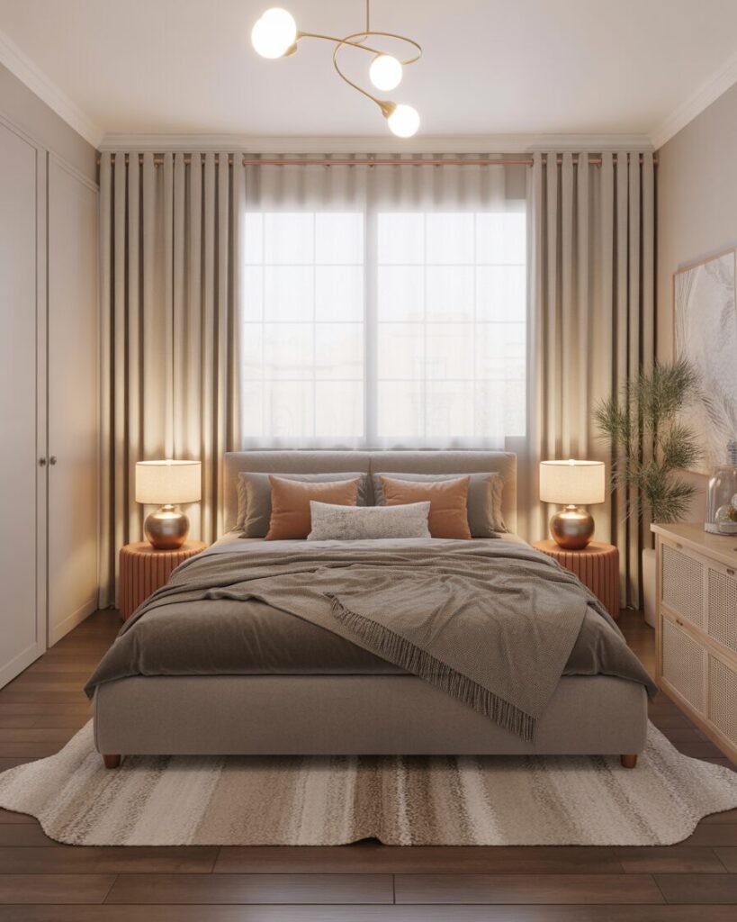 Styled bedroom around layered bed.