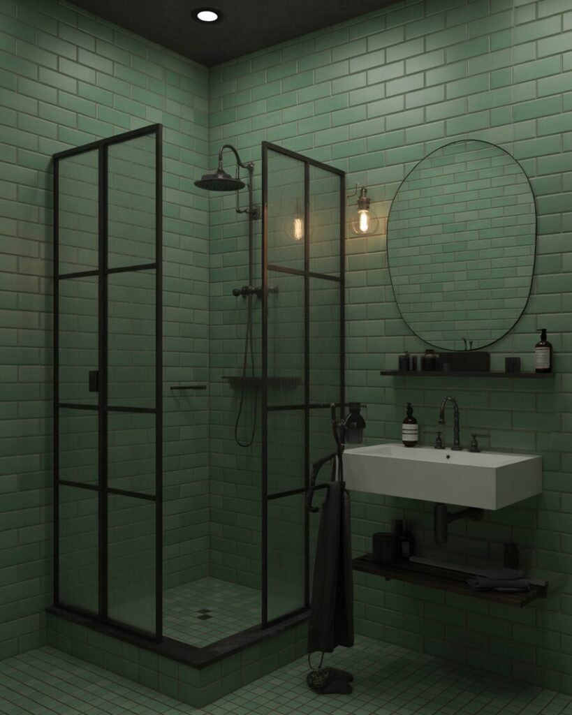Industrial bathroom green subway tiles