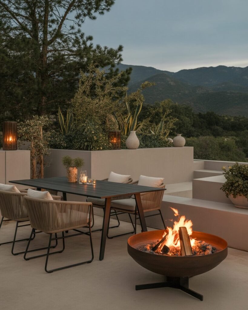Outdoor dining setup fire pit
