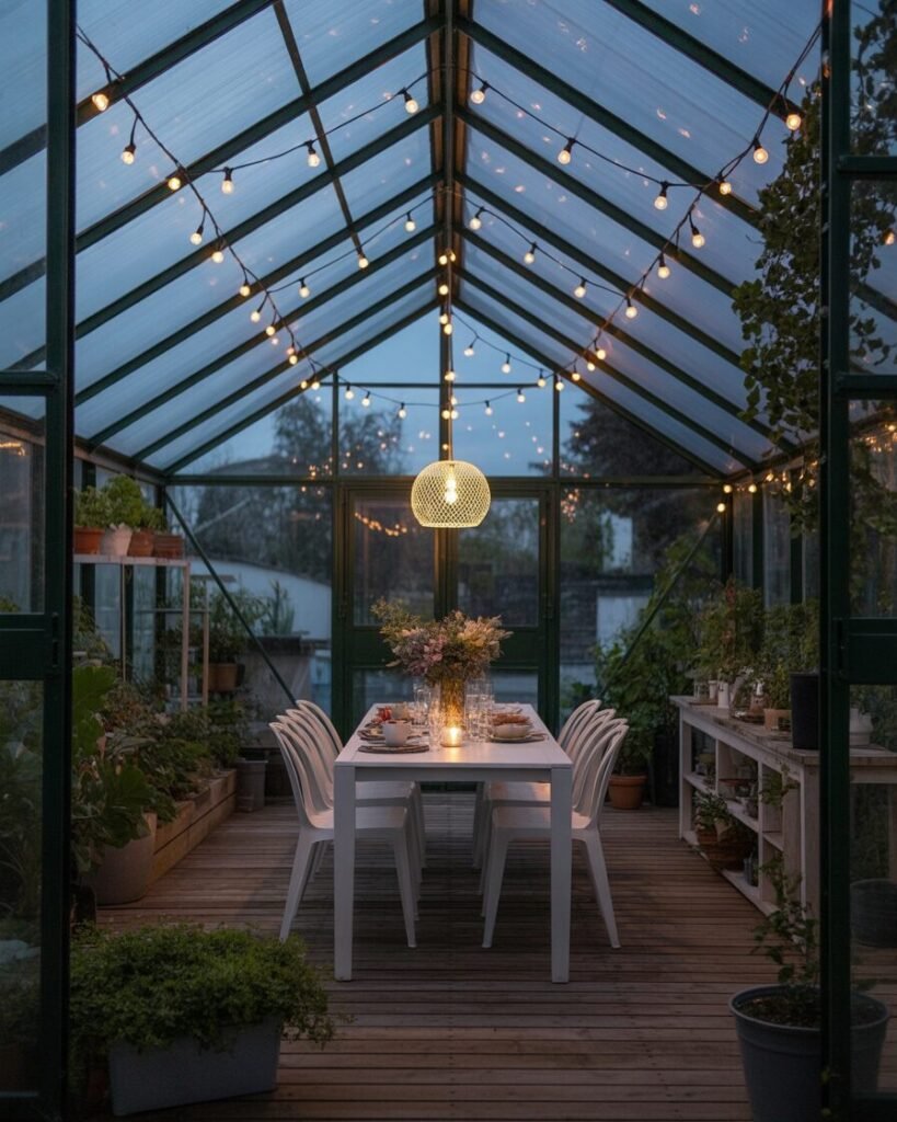 Greenhouse outdoor dining setup