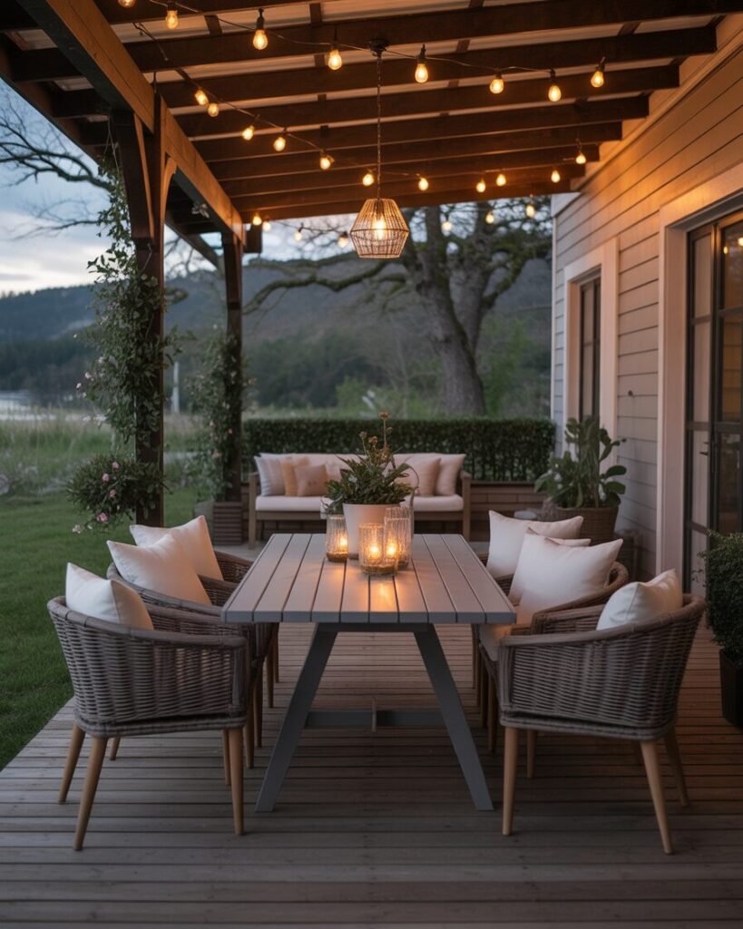 Covered porch outdoor dining setup