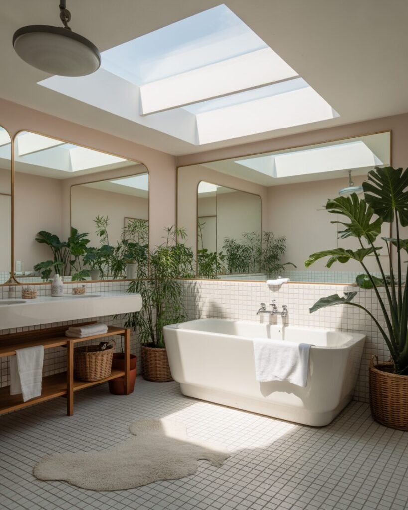 Green spa bathroom with skylight