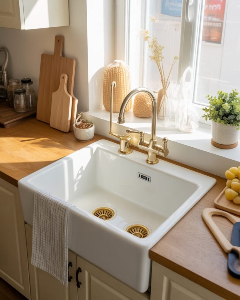 White kitchen gold faucet setup
