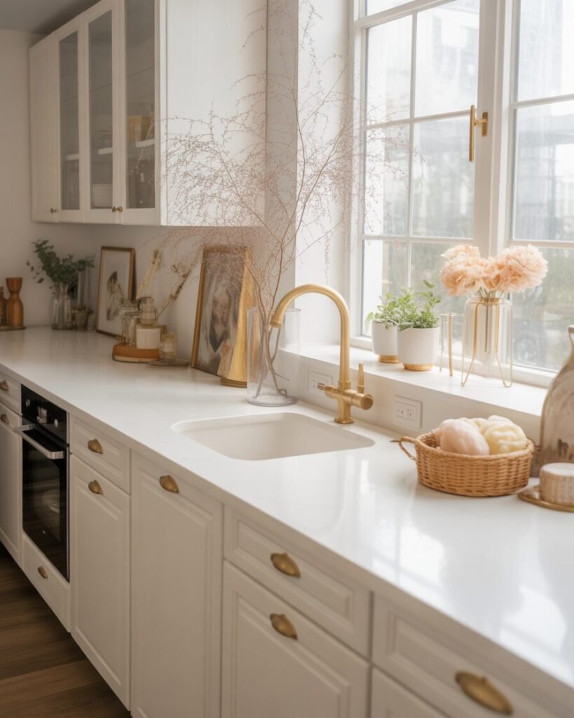 White quartz countertops with gold