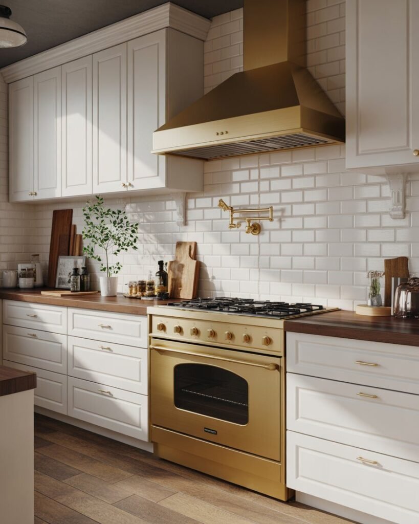 White kitchen gold range hood