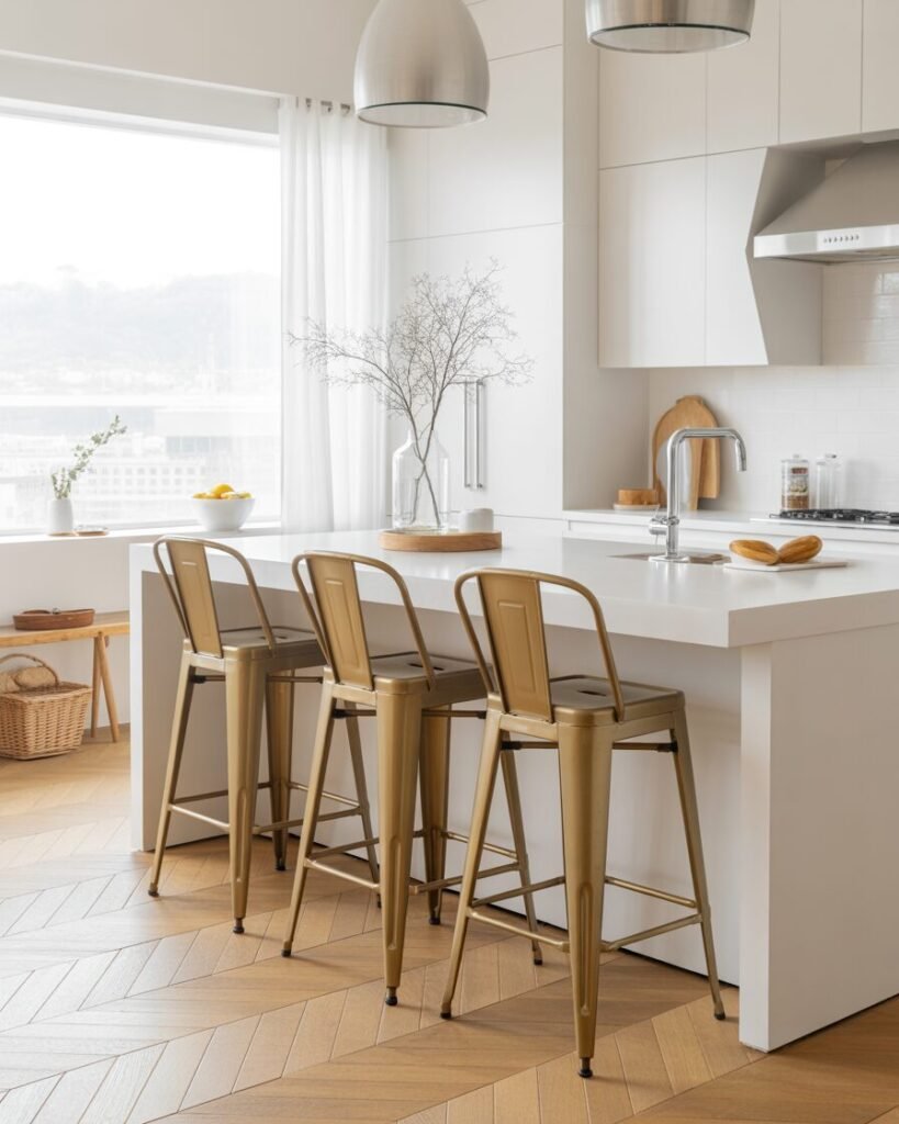 Gold stools in white kitchen