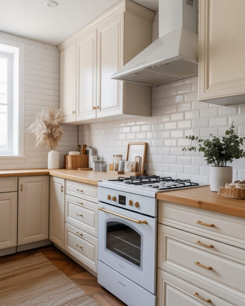 Gold stools in white kitchen