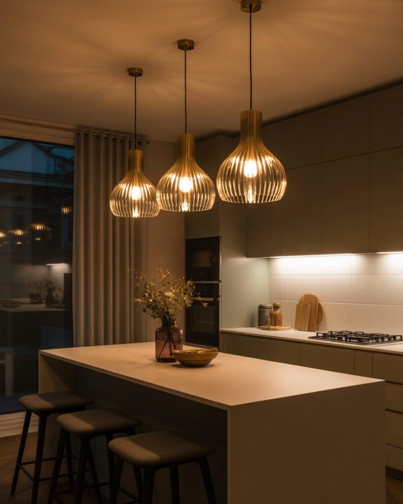 Gold stools in white kitchen