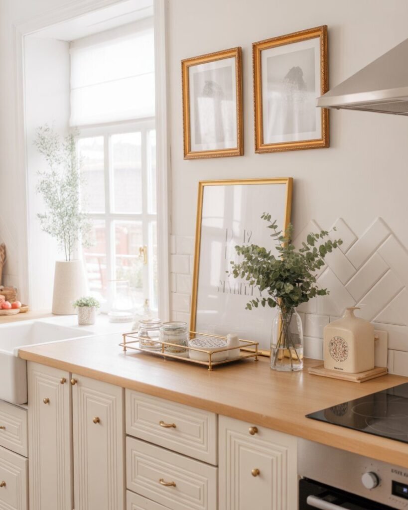 Gold stools in white kitchen