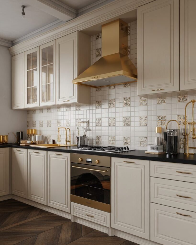 Gold tile backsplash white kitchen