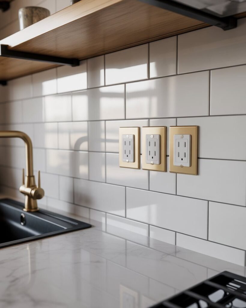 White backsplash gold outlet covers