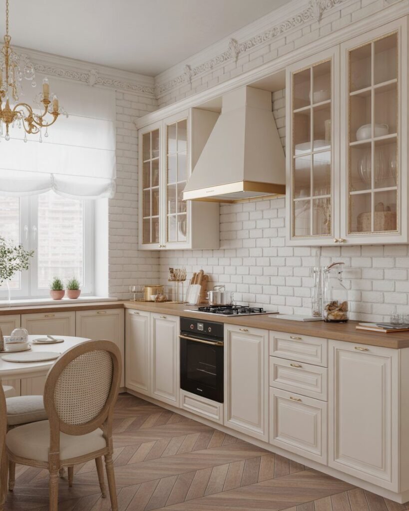 Gold-framed glass kitchen cabinets