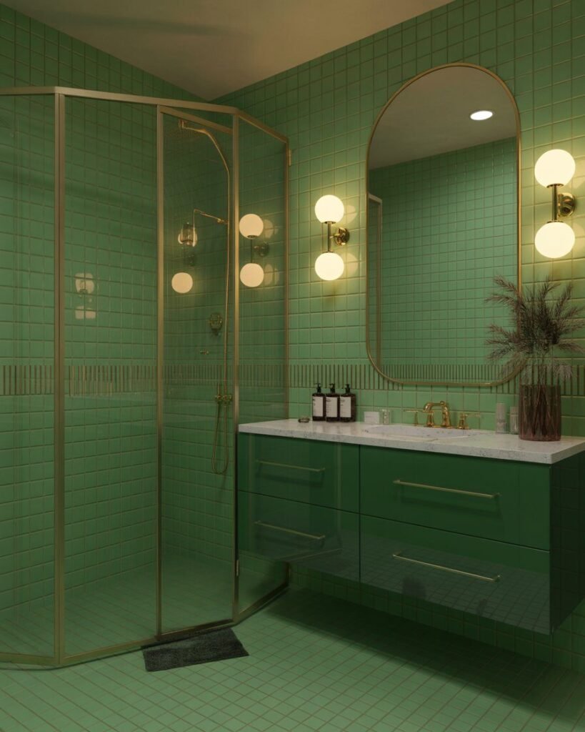 Glossy green glam bathroom