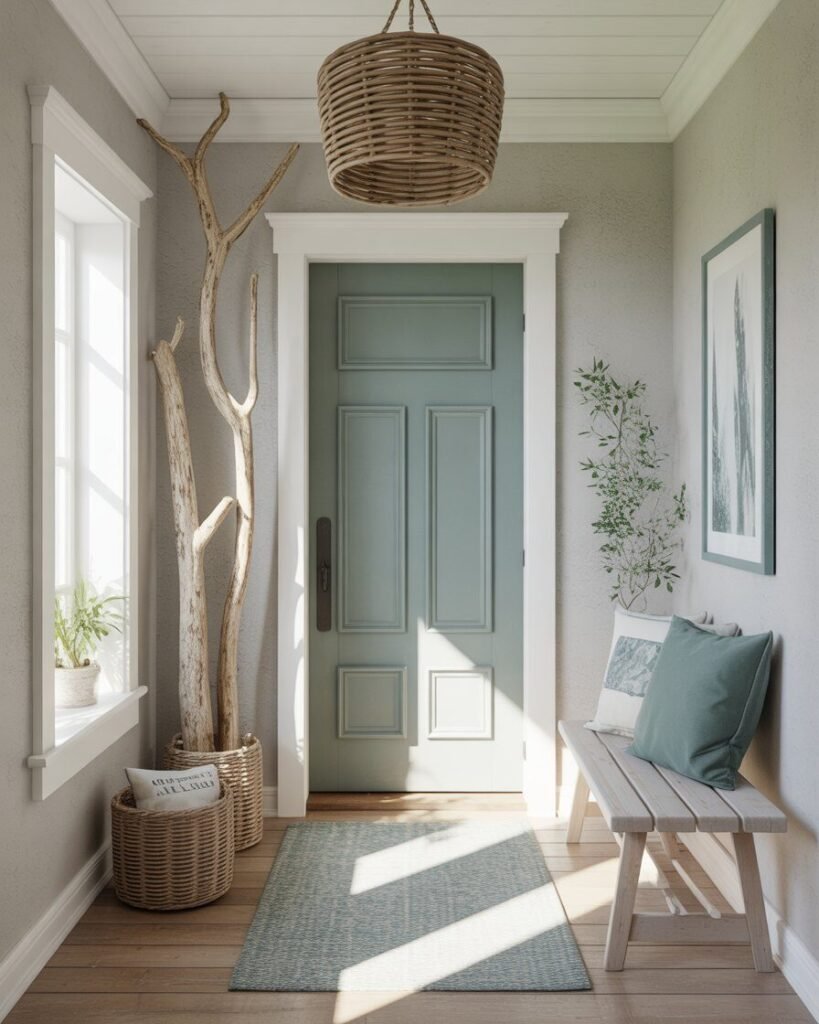 Soft coastal color palette in entryway design