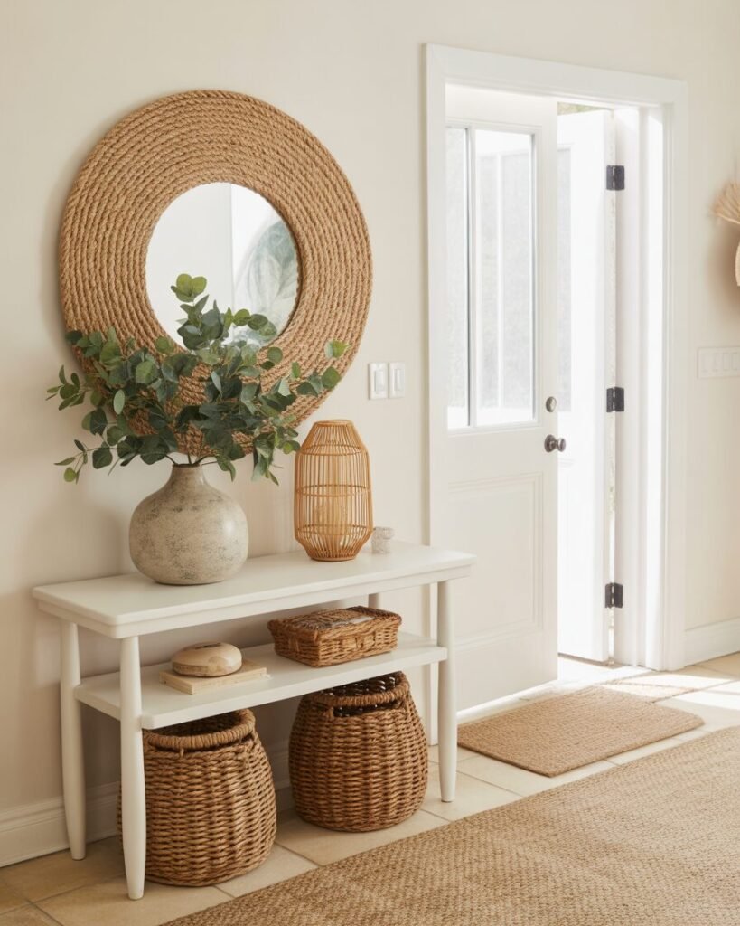 Round woven mirror in modern coastal entryway