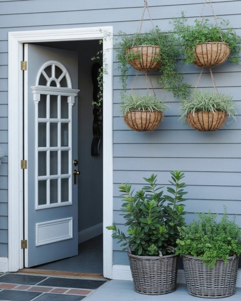 Hanging basket planters with greenery