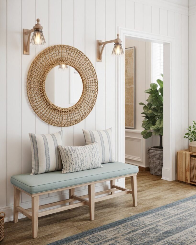 Light blue upholstered entry bench