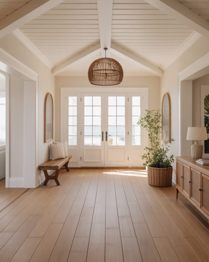 Light wood flooring in coastal home
