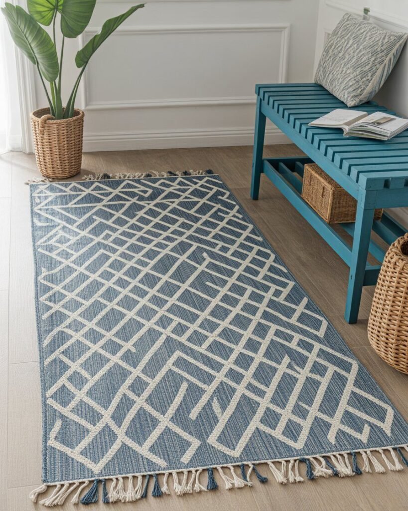 Geometric rug in coastal hallway