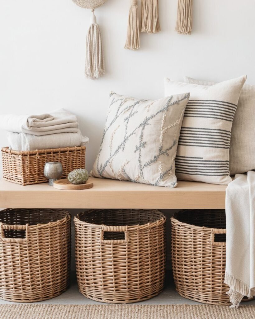 Under-bench woven baskets storage