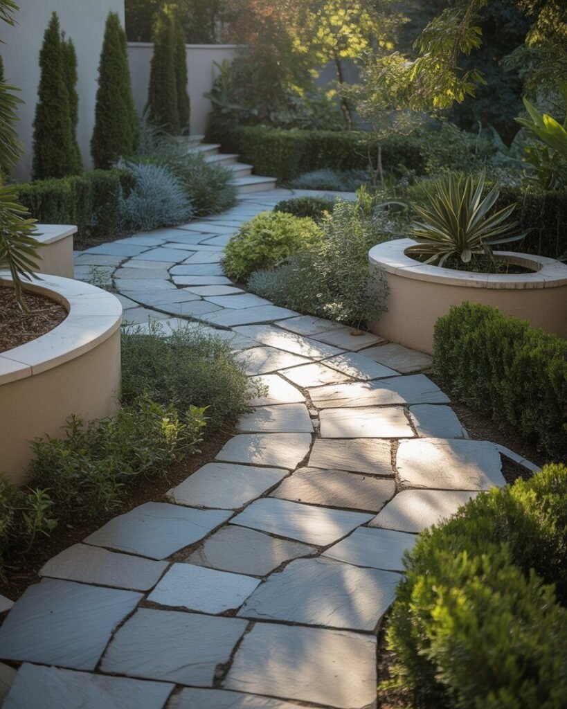 Curved pathway in high-end backyard