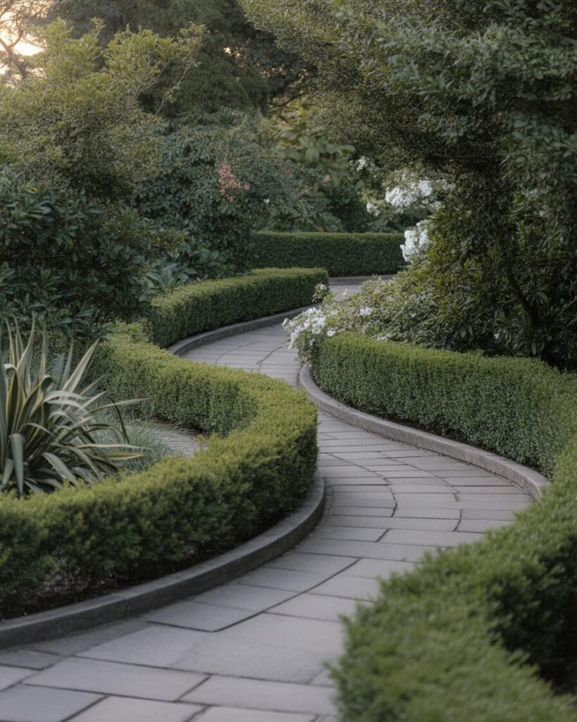 Curved pathway in high-end backyard