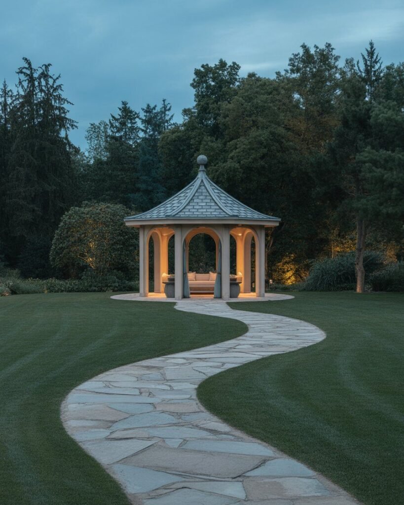 Curved path leading to pavilion
