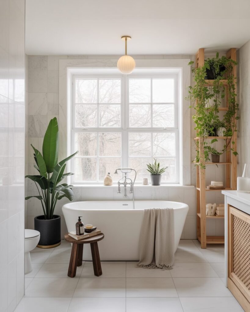 Freestanding tub with green decor