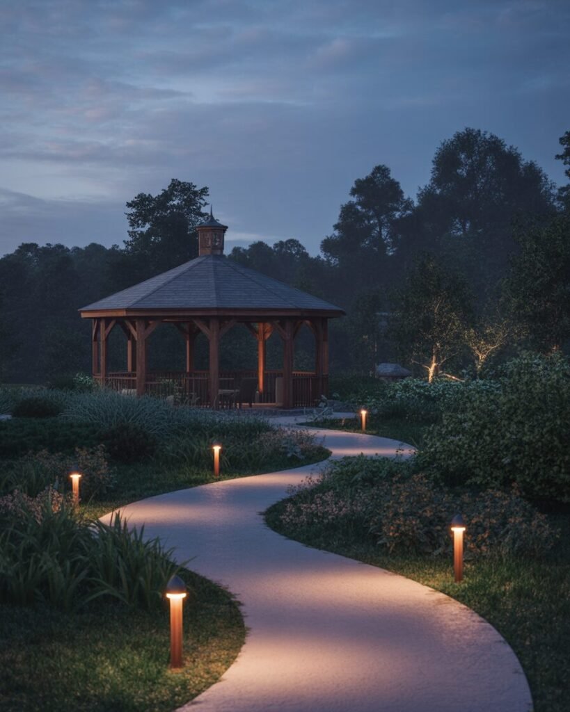 Pathway lighting in high-end backyard