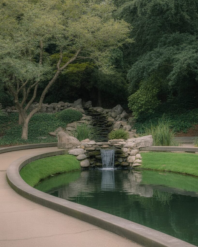 Water feature beside curved path
