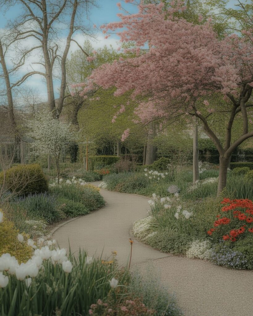 Seasonal planting along curved path