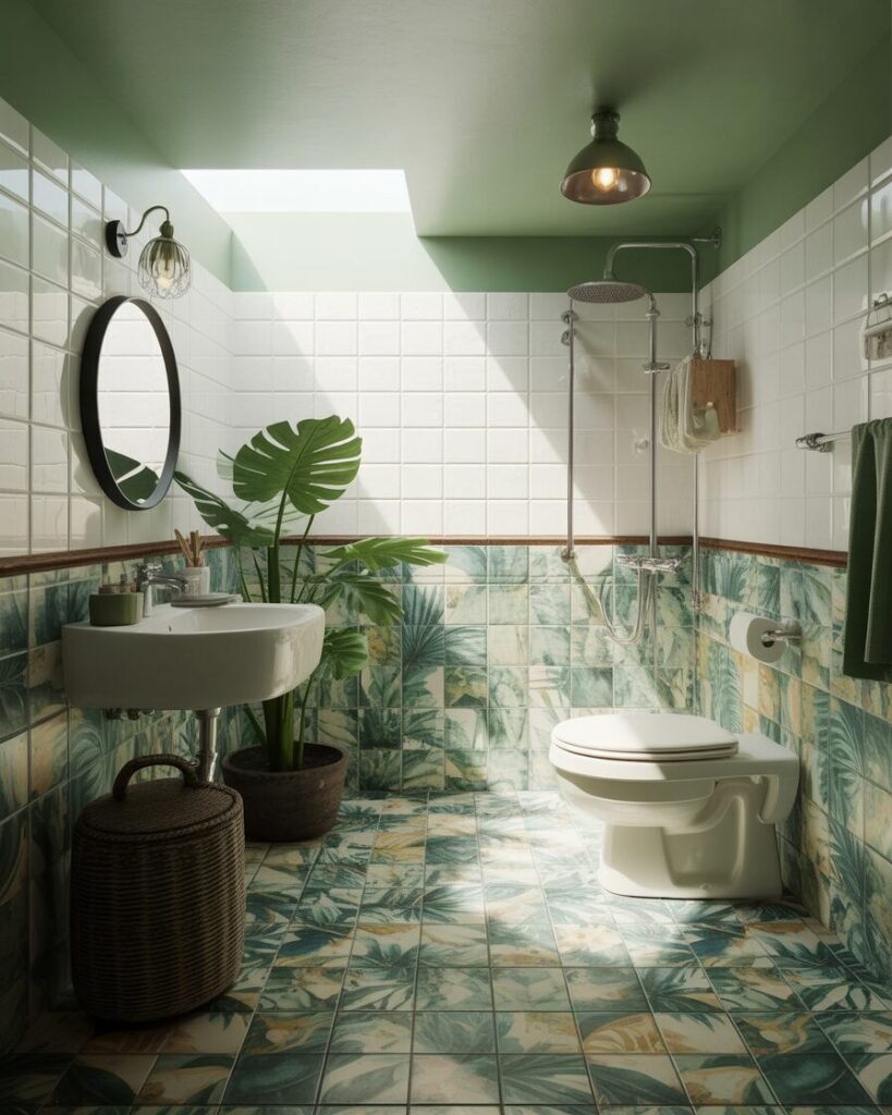 Jungle print green bathroom decor