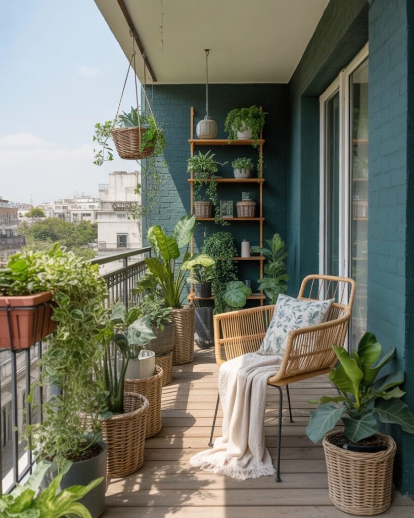 Lush plants on boho-inspired balcony.