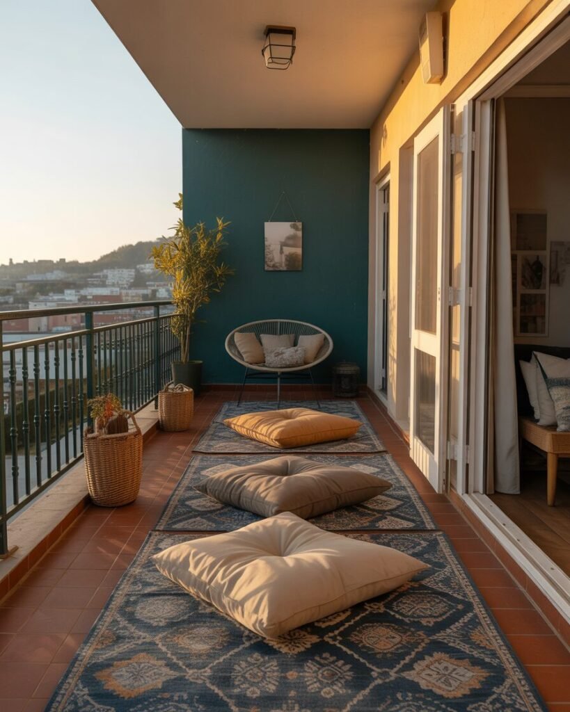 Floor cushions on boho balcony.