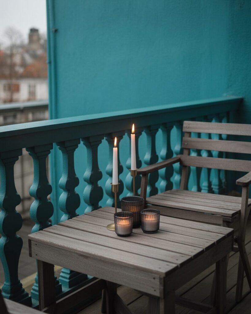 Wooden table on boho balcony.