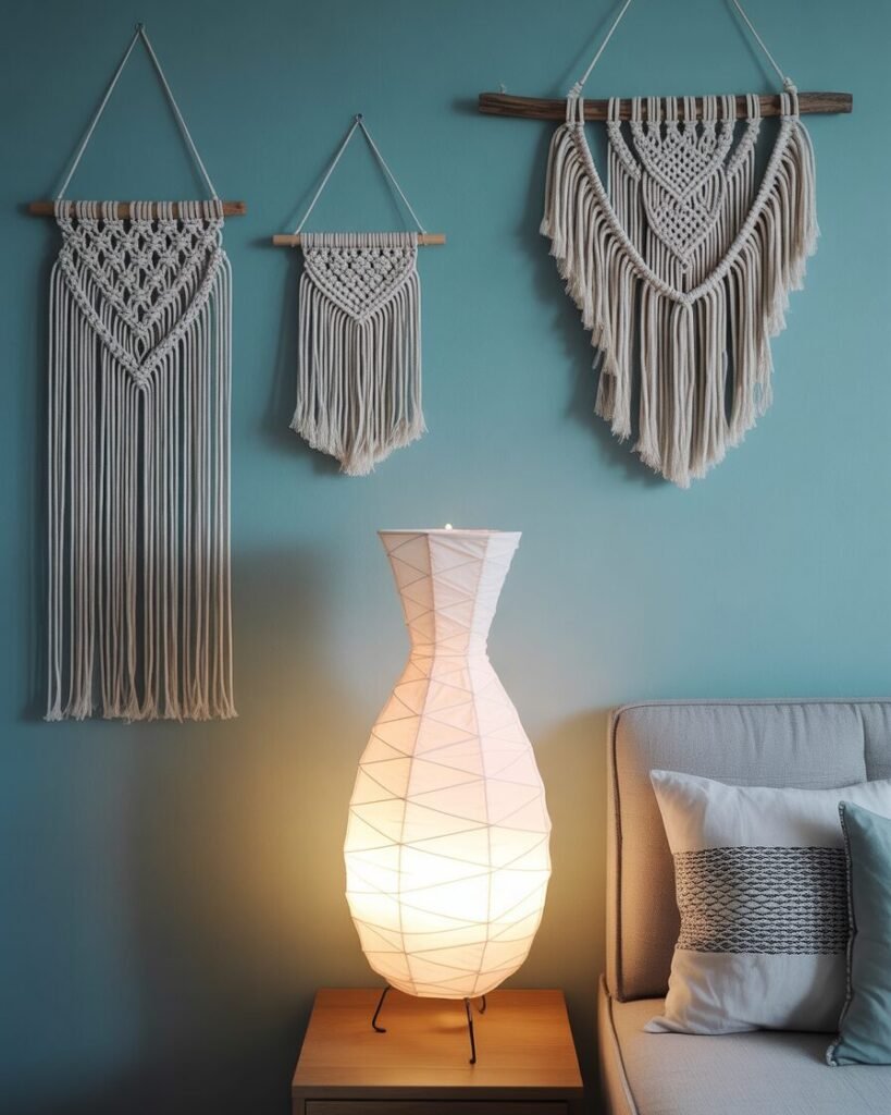 Macrame on teal boho balcony wall.