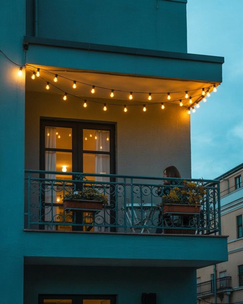 String lights on teal boho balcony.1