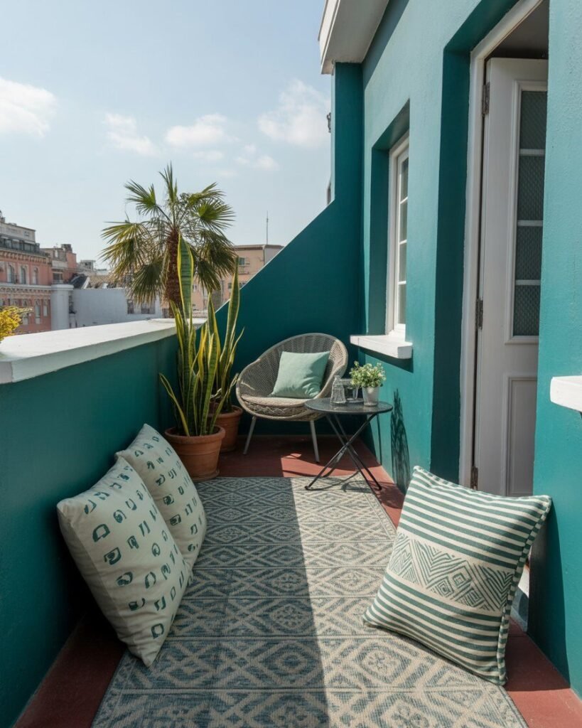 Patterned decor on boho balcony.